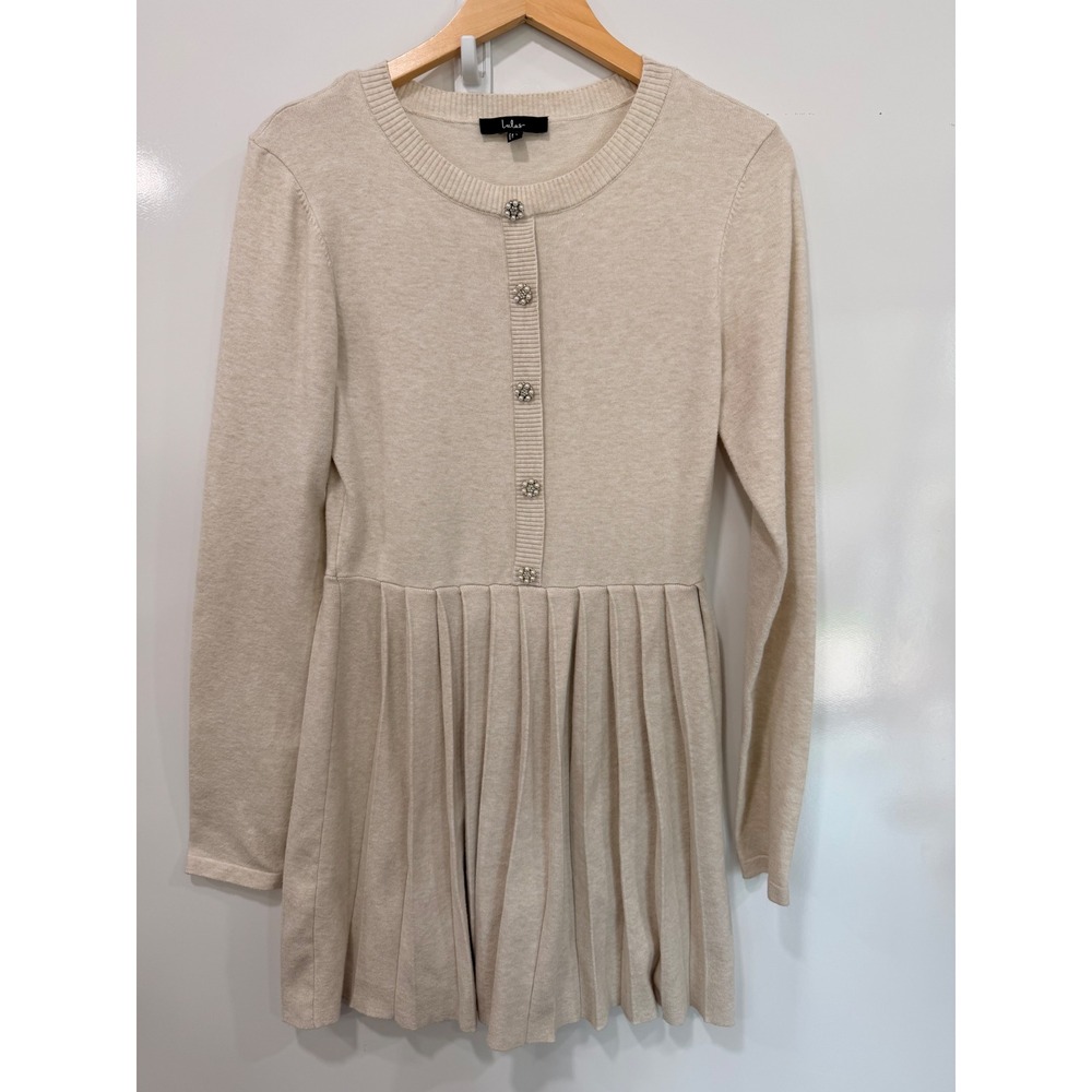 Lulus Beige Long Sleeve Pleated Sweater Dress Pearl Button IBD31032L Large